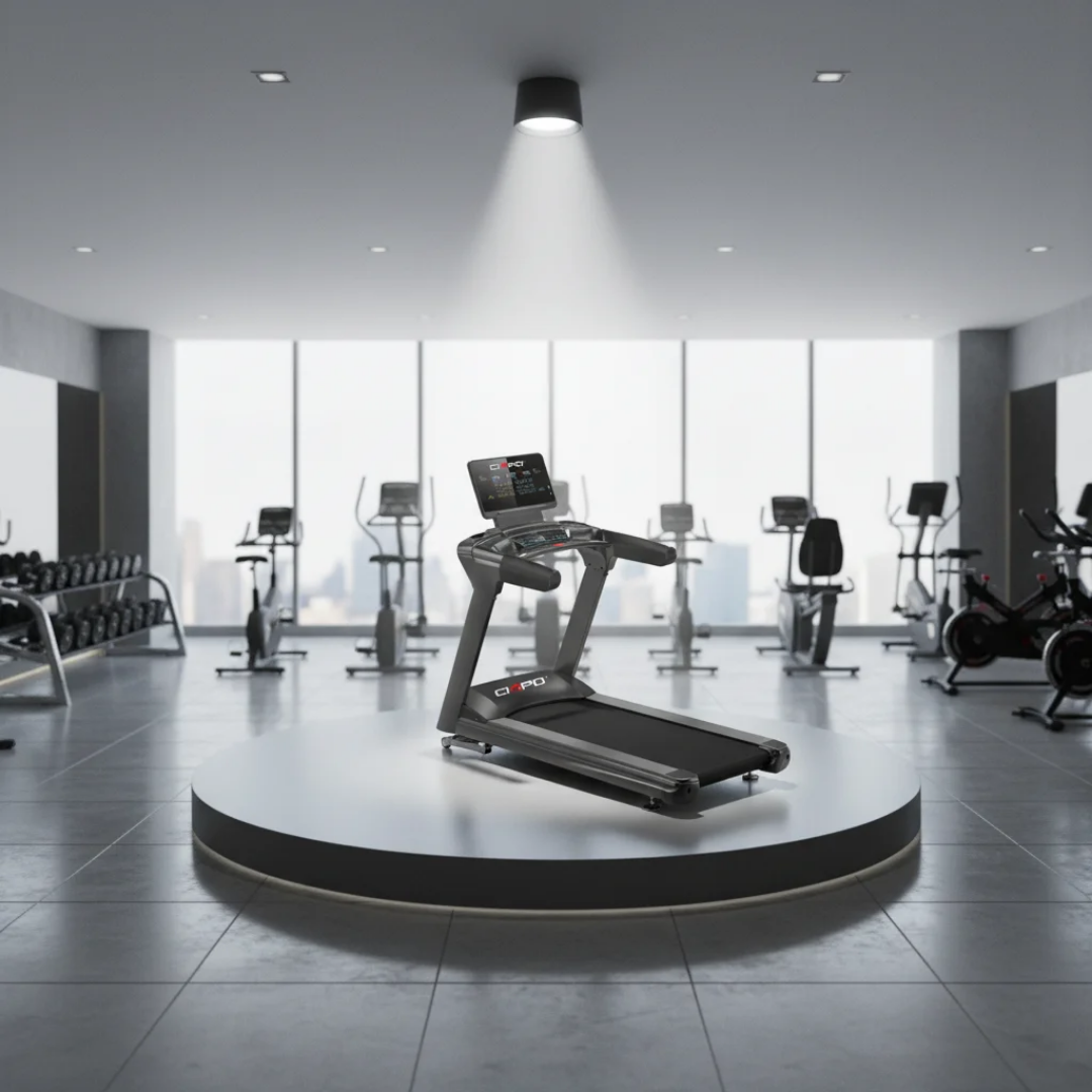 Treadmill showcased on a circular platform in a bright, modern gym with cardio machines in the background.