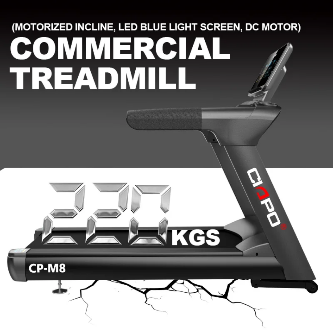 Commercial treadmill with a raised console and a large digital display, set against a dark gradient background (highlighting a weight readout).