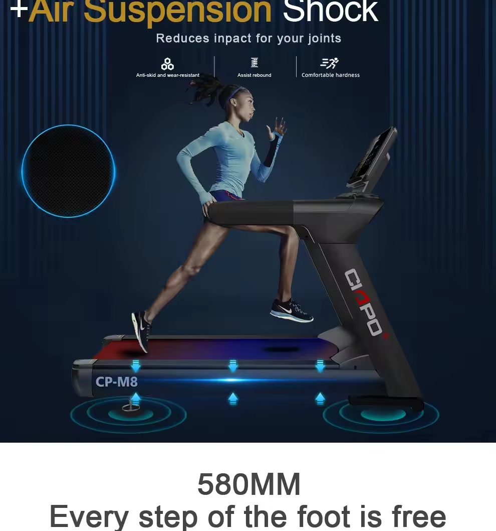 Woman running on a treadmill highlighting the air-suspension feature that reduces joint impact.