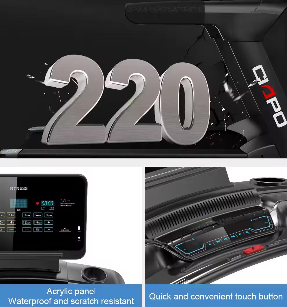 Collage of a treadmill with a large '220' graphic, plus close-ups of a waterproof acrylic panel and a quick-access touch button on the console.