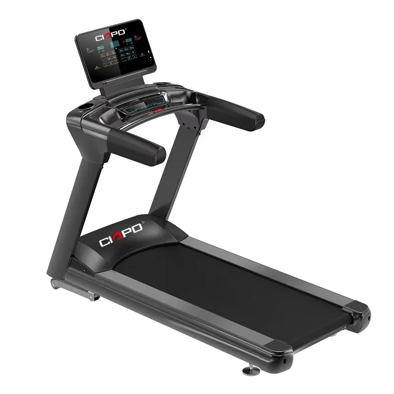 Black treadmill with a digital console on an adjustable stand, two parallel handrails, and a wide running belt (brand CiPO).