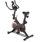 Stationary upright exercise bike with a large flywheel, red accents, and an adjustable saddle for indoor workouts.