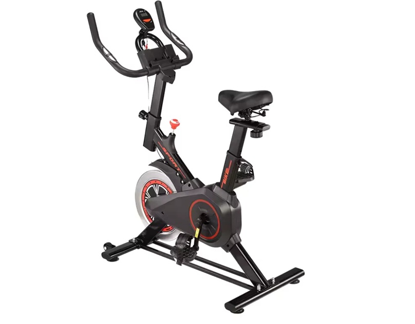 Stationary upright exercise bike with a large flywheel, red accents, and an adjustable saddle for indoor workouts.