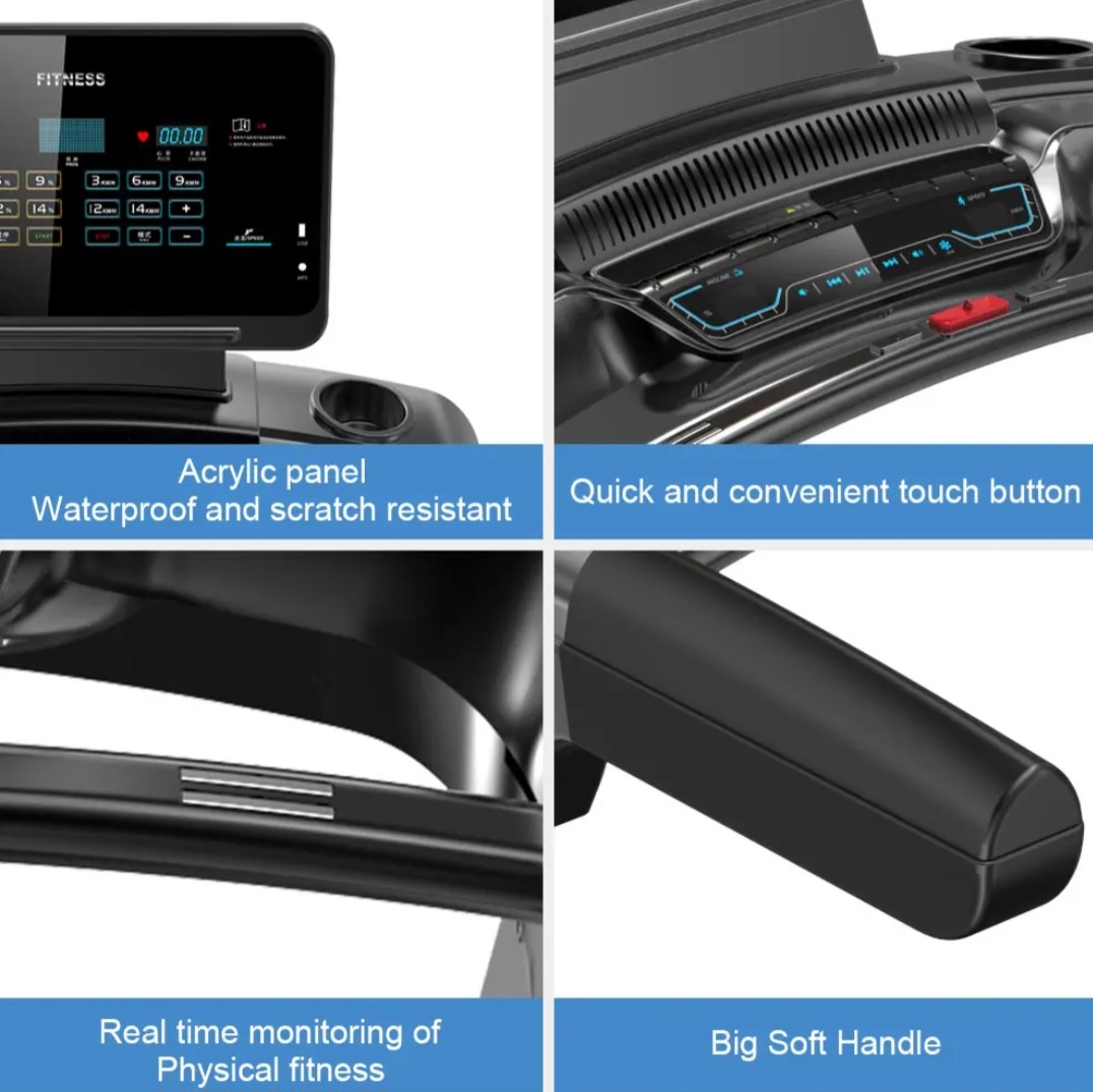Collage of treadmill features: waterproof acrylic panel, touch button console, real-time fitness monitoring, and large soft handle.